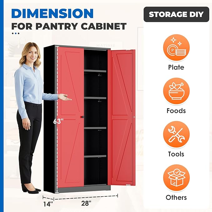 INTERGRAET 63" H Pantry Cabinet, Kitchen Pantry Storage Cabinets with 2 Doors and 4 Shelves, Black Red Metal Storage Cabinet,Cupboard for Home,Kitchen,Living Room/Dining