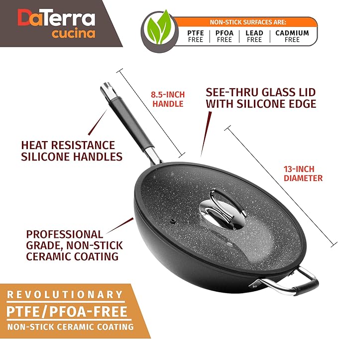 DaTerra Cucina - Nonstick Ceramic Wok with Lid - Made in Italy - High Heat Resistant Nonstick Cookware - Oven Safe, PTFE, Cadmium, Lead & PFOA free - Volcanic Black Speckled 13