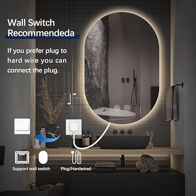 Niccy Oval LED Bathroom Vanity Mirror, 48x30inch Frameless Backlit Mirror with Light, Smart Anti-Fog Waterproof Mirror with Memory Function Dimmable Lighted Mirror