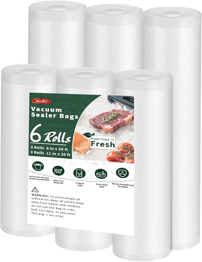 Aotto Vacuum Sealer Bags for Food - 6 Pack 8"x20' (3Rolls) and 11"x20' (3Rolls) Commercial Grade BPA Free Vacuum Seal Bags for Food Storage, Meal Prep and Sous Vide