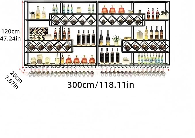 118 Inch Wine Rack Wall Mounted, 4 Tier Large Wall Mounted Liquor Shelf & Bar Shelf, Metal Wall Wine Rack with Glass Holder, Bar Shelves for Liquor Bottles Display Storage, Black (No Lights)