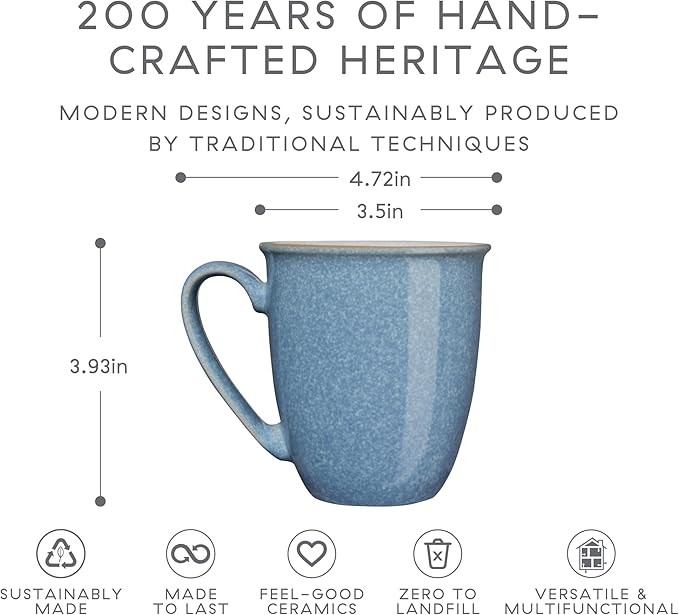 Denby - Elements Blue Large Coffee Mug Set of 4-11.15 Ounce Stoneware Tea Mug Set For Office & Home - Dishwasher Safe, Microwave Safe - Ceramic Tea Cups With Blue White Glaze