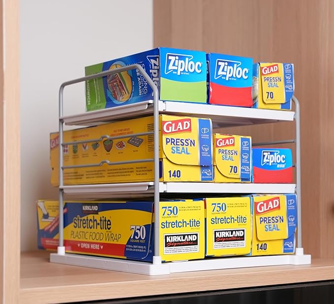 EVERIE Extendable 3-Tier Holder for Heavy Items, Jars, Bottles, Cans, Plastic Bags, Wrap, Foil, Snack and Box for Kitchen,Counter, Cabinets, 11'' to 16.7'' Wide (11??- 16.7??Wide, Piece, 1)
