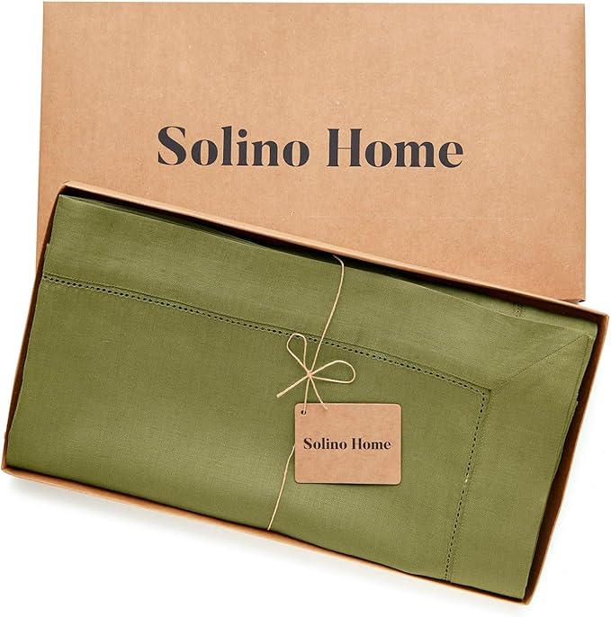 Solino Home Linen Tablecloth 60 x 144 Inch - Classic Hemstitch 100% Pure Linen Avocado Green Table Cloth for Rectangle Tables - Machine Washable Tablecloth for Winter, Spring, St Patricks Day, Easter