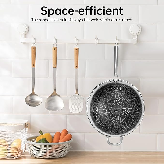 SUS 316 Stainless Steel Wok, Nonstick Frying Pan & Skillet with Lid, Induction Compatible Cookware, Honeycomb Wok Pan for Stir-Frying Saut챕ing Home Kitchen Camping Cooking (34cm)