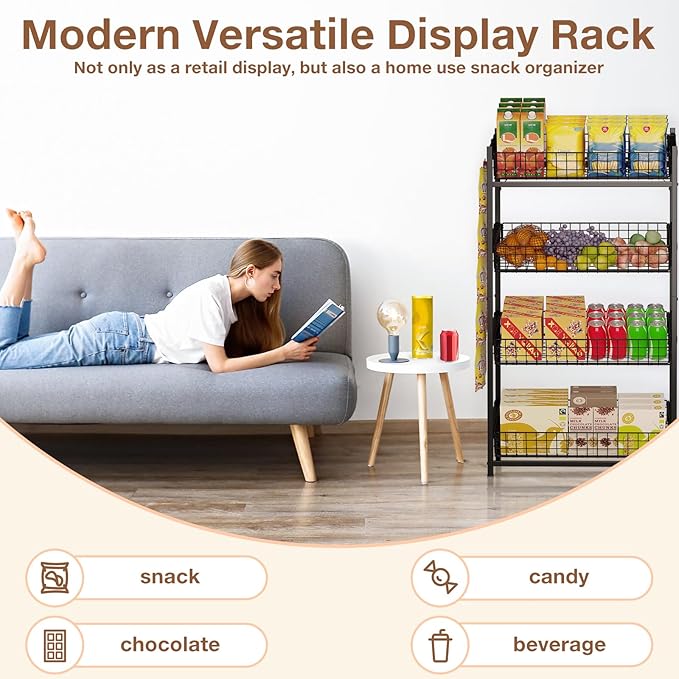 VOPEAK 4 Tier Retail Snack Display Stand, Metal Retail Display Rack with 2 Hooks, Potato Storage Rack, Concession Stand Candy Organizer, Easy Assembly Fruit Basket, Snack Organizer for Pantry, Office