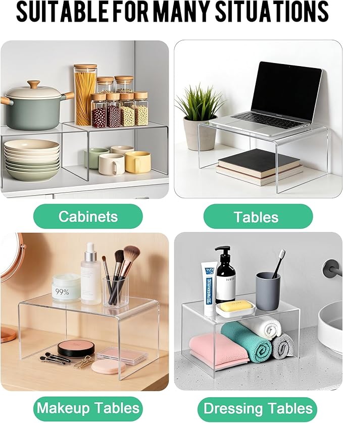 Acrylic Cabinet Organizer, Set of 2 Clear Shelf Organizer for Kitchen Pantry Organizers and Storage, Display Cabinet Shelf Room Decor Countertop Desk Shelves, Spice Organization for Cabinet