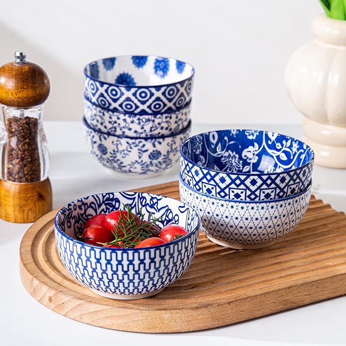 Cerkik Ceramic Dessert Bowls Set - 11 Oz Small Ice Cream Bowl for kitchen - 4.7 Inch Porcelain Cereal Bowl for Fruits, Salad, Side Dishes, Ramen - Microwave Dishwasher Safe - Set of 6 - Vintage Blue