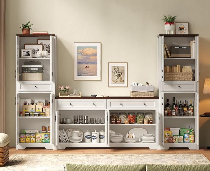 Lyromix 3 Pieces Sideboard and Pantry Set with Storage, Brown Farmhouse Wall Unit Entertainment Center, Large Kitchen Sideboard Buffet Pantry Cabinet with Drawers