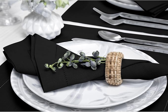 Solino Home Black Linen Napkins Set of 4-100% Pure Linen Hemstitch Dinner Napkins 20 x 20 Inch for Winter, Spring, Easter - Classic Hemstitch
