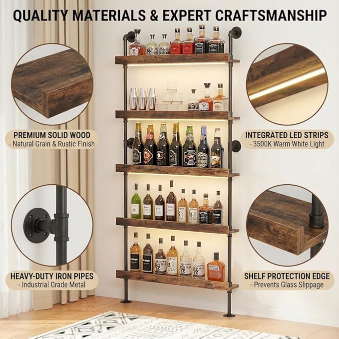 Wall Mounted Wine Rack with LED Light,5-Tiers Liquor Bottles Floating Shelves Display Storage Organizer for Home Bar & Dining Room (24INCH-LED)