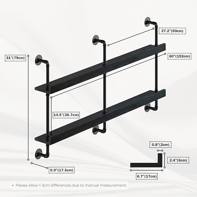 Industrial Wine Rack Wall Mounted, Solid Wood Shelf with Metal Pipe Brackets, 2-Tier Rustic Hanging Organizer for Wine Bottle Storage in Kitchen, Bar, Pub, Cellar(Black, 60 Inch)