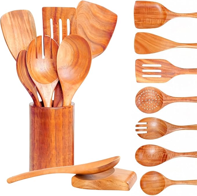 Wooden Spoons for Cooking -9pcs Kitchen Utensils Set with Utensil Holder & Spoon Rest -Teak Wood Spatula - Non Toxic Cooking Utensils -Heat Resistant Spatulas for Kitchen Use -NonStick Wooden Spatula