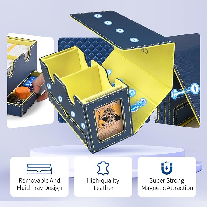 Card Deck Box for MTG, Double Deck Storage Box with 2 Commander Display & 1 Dice Tray, Fits 200+ Double Sleeved Cards, Card Organizer for CCG TCG Sports (Blue Yellow)