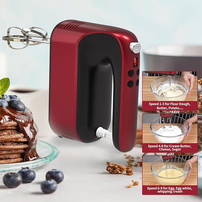 9-Speed Digital Hand Mixer Electric, 400W Powerful DC Motor, Baking Handheld with Snap-On Storage Case, 5 Stainless Steel Accessories, Flat Beaters, Dough Hooks, Whisk(Red)