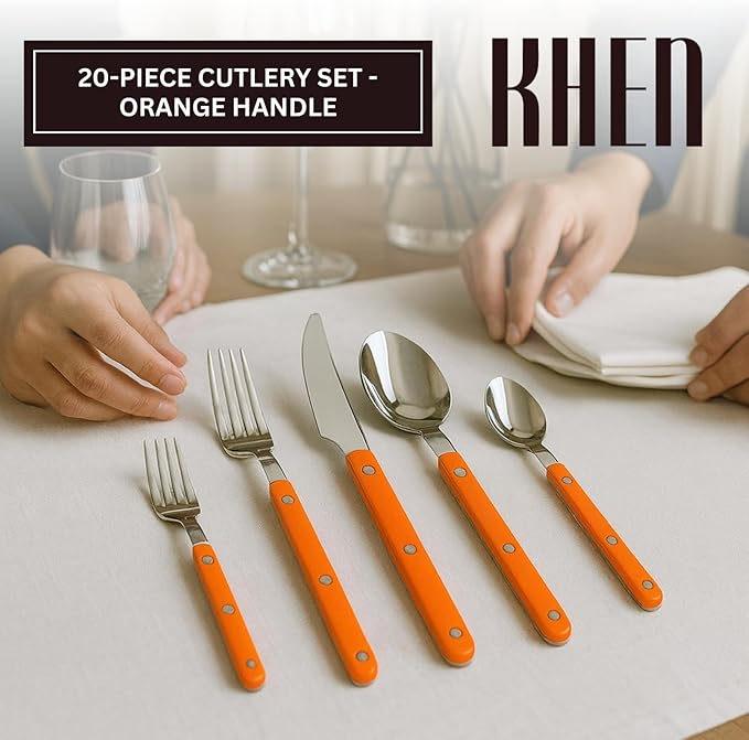 Khen 20-Piece Cutlery Set with Dinner Knives, Forks, Spoons, Salad Forks & Teaspoons ??Durable and Dishwasher Safe Utensil Set for Home, Kitchen, Parties & Special Occasions ??Orange Handle