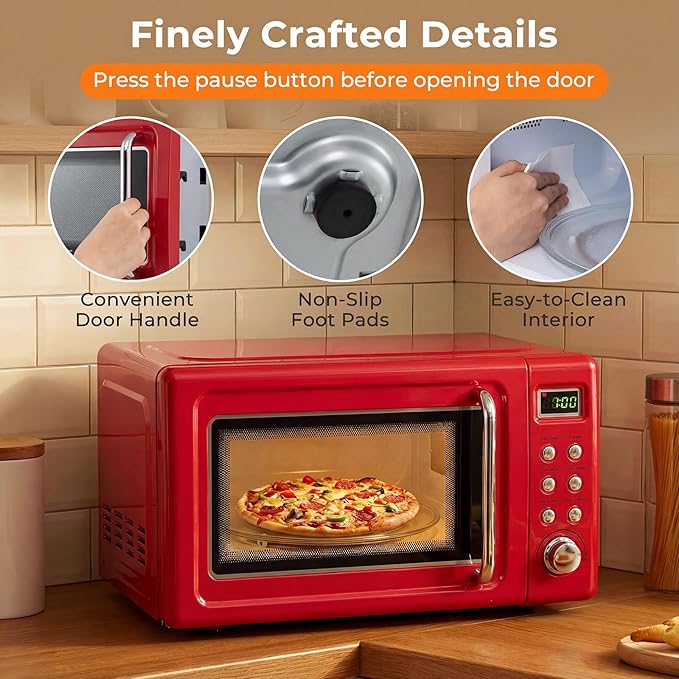 ARLIME Retro Microwave 0.7Cu.ft, 700 Watt Countertop Microwave with 5 Micro Power Defrost & Auto Cooking Function, LED Display, Child Lock, Small Microwave for Kitchen, RV, Dorm (Retro Red)