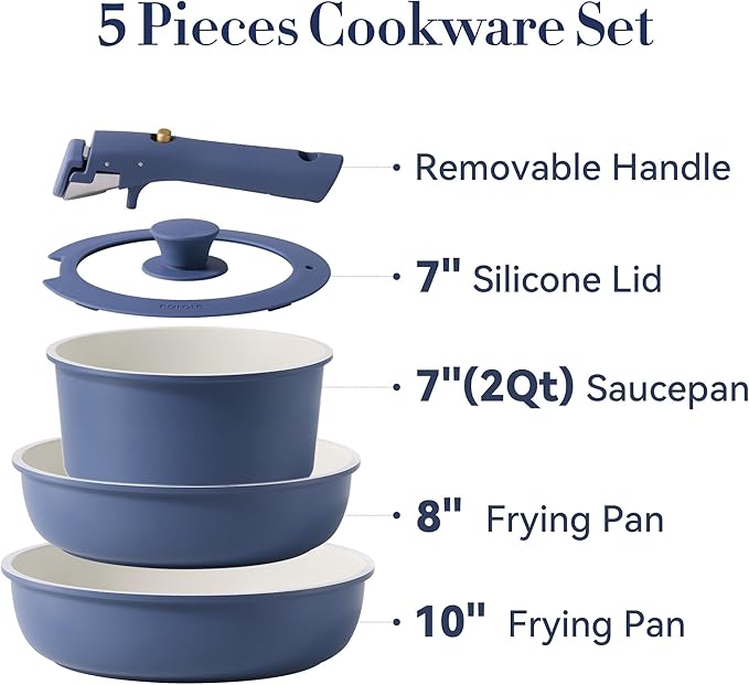 CAROTE 5pcs Pots and Pans Set Non stick,Cookware Set Detachable Handle,kitchen essentials,RV kitchen pot and pan,Induction Cookware,Oven Safe,PFOA PFOS FREE,Blue