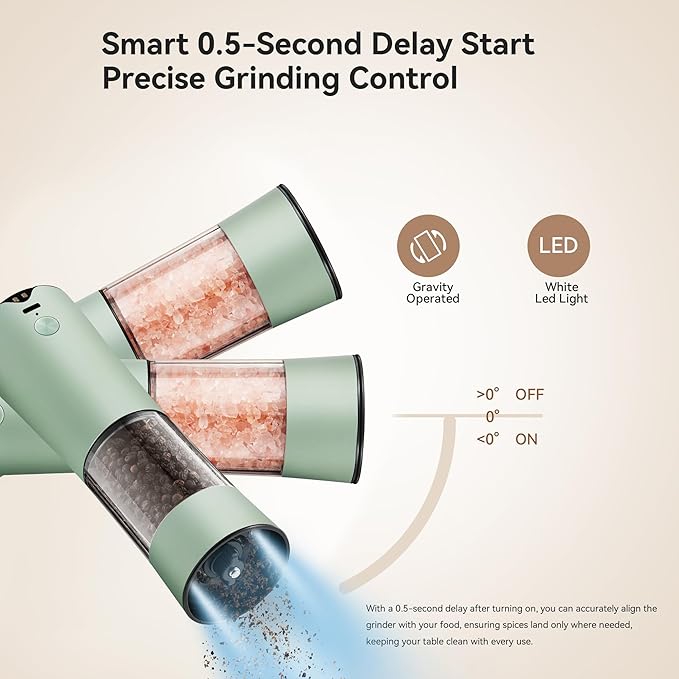 Electric Salt and Pepper Grinder Set?밬SB-C Rechargeable Charging Base Pepper Mill, Dual LED Light, Adjustable Coarseness,One-Handed Operation, Stainless Steel Sage Green Finish,2pack