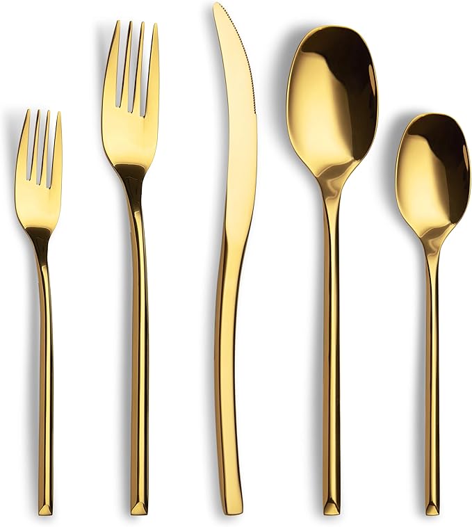 Lemeya 20-Piece Gold Silverware Set for 4,Modern 18/10 Stainless Steel Flatware Set,Luxury Cutlery Set,Unique Utensils Set for Restaurant,Spoons and Forks Set,Mirror Polished,Dishwasher Safe