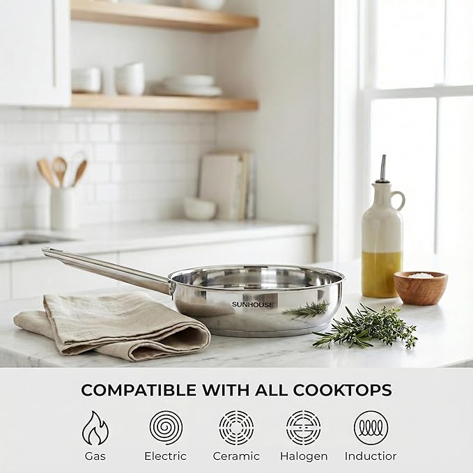 Sunhouse 8 Inch Tri-Ply Stainless Steel Frying Pan, Whole-Clad Skillet with Stay-Cool Handle, Oven Safe to 500째F, Dishwasher Safe, All Cooktop Compatible
