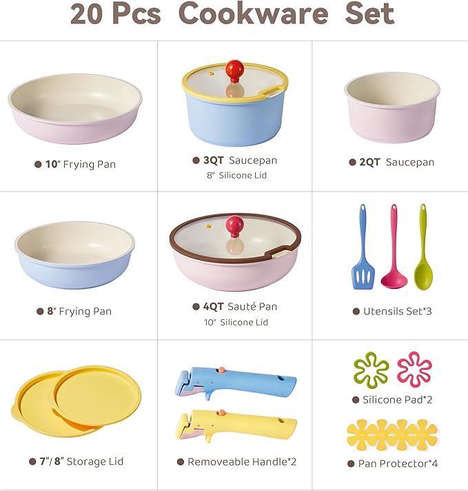 CAROTE 20pcs Ceramic Cookware Set Detachable Handle, Pots and Pans Set Nonstick, Induction Cookware with Removable Handle, RV Dishwasher 竊?Oven Safe, PFOA Free