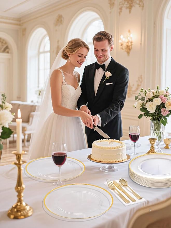WDF 25Pack Gold Charger Plates - 12inch Clear Chargers with Gold Trim - Clear Plates Disposable for Dinner Wedding Birthday Valentine's Day