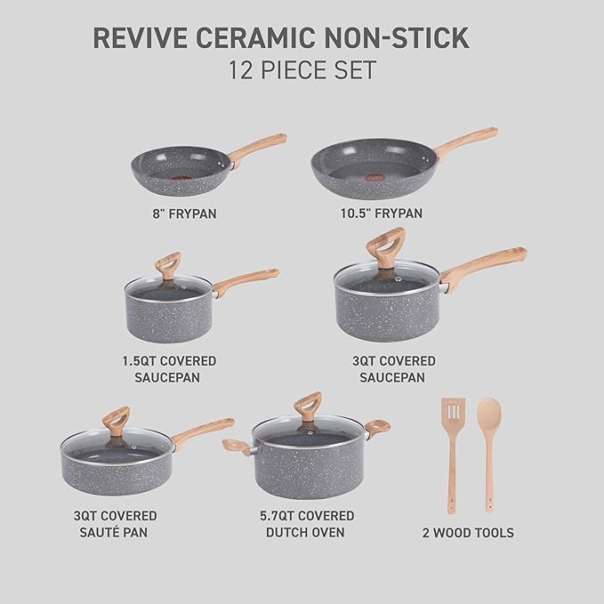 T-fal Revive Ceramic Cookware Sets, Pots and Pans Set Nonstick, (12 pieces), Ceramic Non stick Coated, Frying Pan, Oven Safe Up To 350째F, Grey Granite