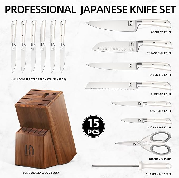 Knife Set, Premium 15 Piece Japanese High Carbon Stainless Steel Knives Set for Kitchen with Block and Sharpener, Razor Sharp Kitchen Knife Block Sets with Ergonomic Full-tang Handle, White