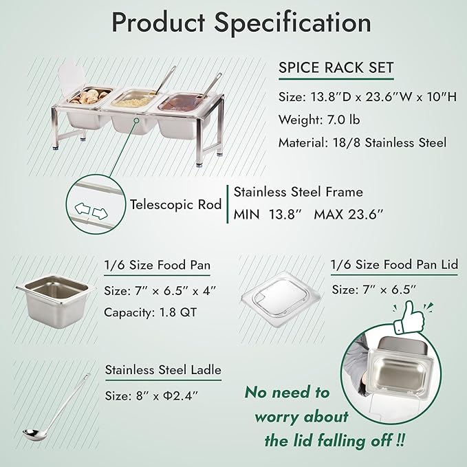 CURTA Commercial Spice Rack Set, NSF Certified, 18/8 Stainless Steel Inclined Organizer Shelf with 3 1/6 4" Pan & 3 Ladles, 13.8"-23.6" Adjustable, Countertop Holder for Seasoning Topping