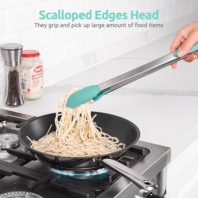 600쨘F Heat Resistant Kitchen Tongs: U-Taste 16 in Extra Long Large Silicone Cooking Tong with Sturdy Non Stick Rubber Tips & Non Slip Silicon Coated 18/8 Stainless Steel Handle for Grill BBQ(Aqua Sky)