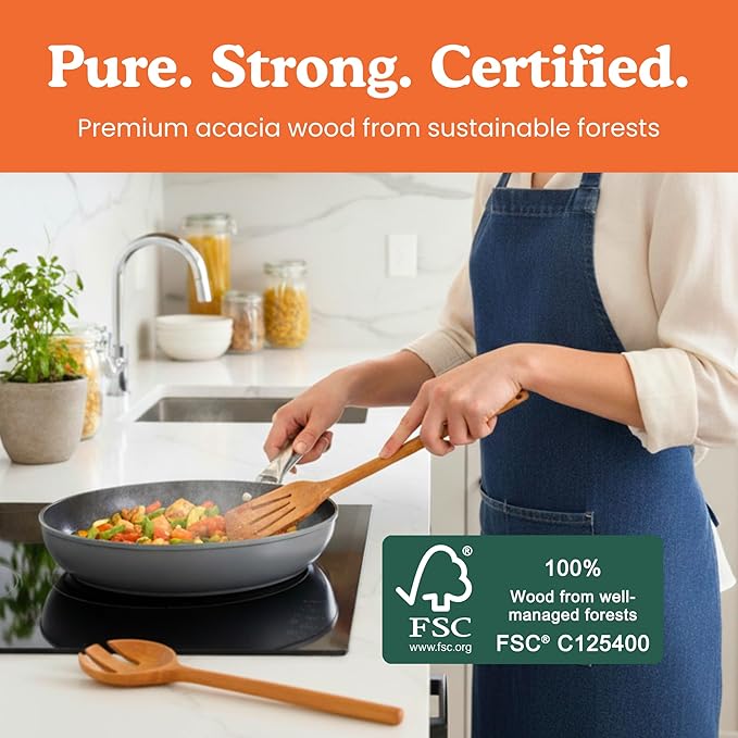 Non-Toxic Wooden Spoons for Cooking??7-Piece Kitchen Utensils Set, Glue-Free & One-Piece Cooking Utensils, Natural Wooden Utensil Set with Plant-Based Finish, Free of Forever Chemicals