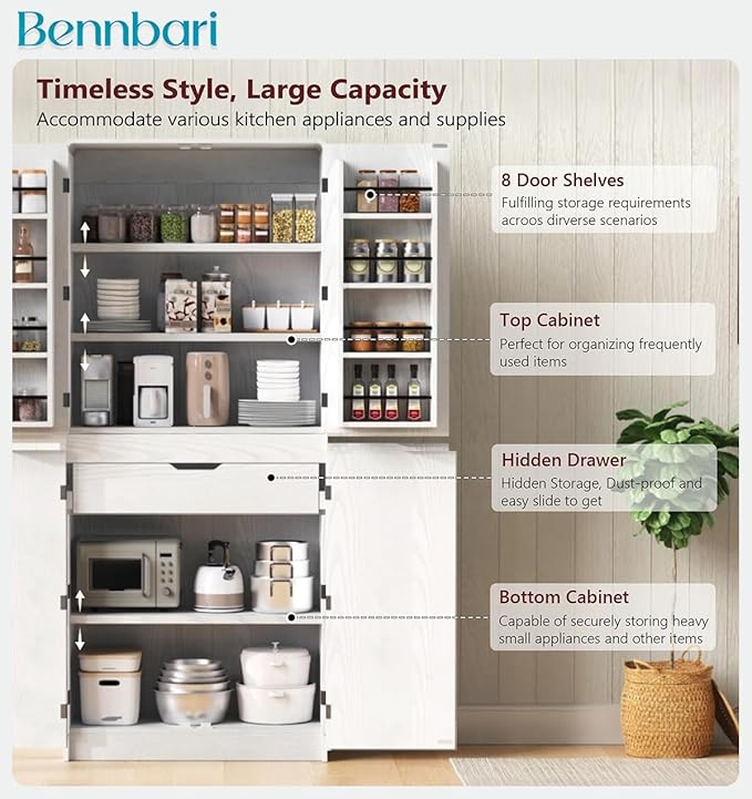 72" Tall Farmhouse Kitchen Pantry Cabinet with 8 Door Shelves, Curved Storage Cabinet with 3 Adjustable Shelves & Hidden Drawer, Versatile Cupboard for Kitchen, Dining & Bathroom (White)