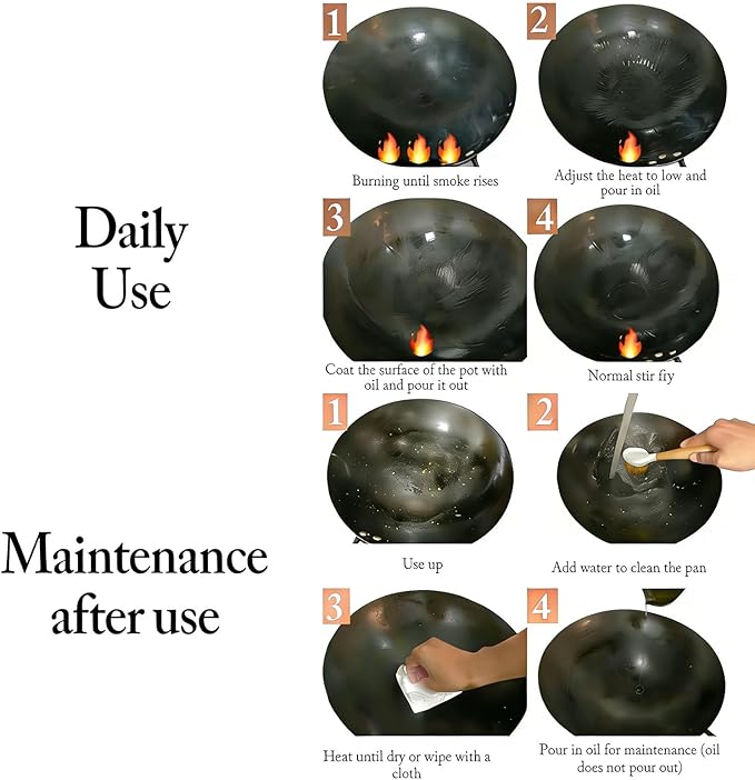 13 Inch Chinese Hand Hammered Iron Wok and Stir Fry Pans with Wooden Handle and Lid Round Bottom Wok Pan Non-stick No Coating Ideal for Home Use and Gift Giving