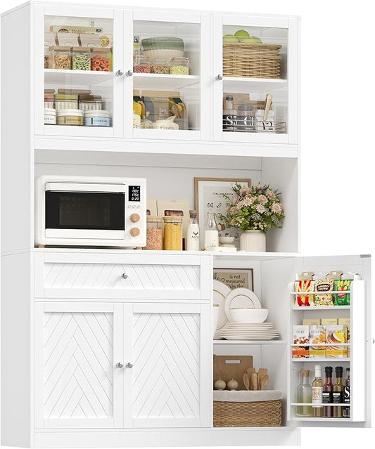 72??Tall Kitchen Pantry Storage Cabinet, Modern White Kitchen Hutch with Large Storage Drawer, Countertop, Adjustable Shelves, Food Pantry Cabinets for Dining Room, Living Room