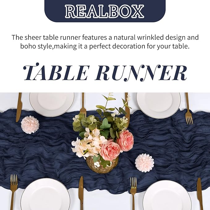 RealBox 3 Pack Navy Blue Cheesecloth Table Runner 17x108 Inch Semi Sheer Boho Gauze Cheese Cloth Fabric Table Runners Table Decor for Wedding Party Baby Shower Birthday Home Decor Garden Farmhouse