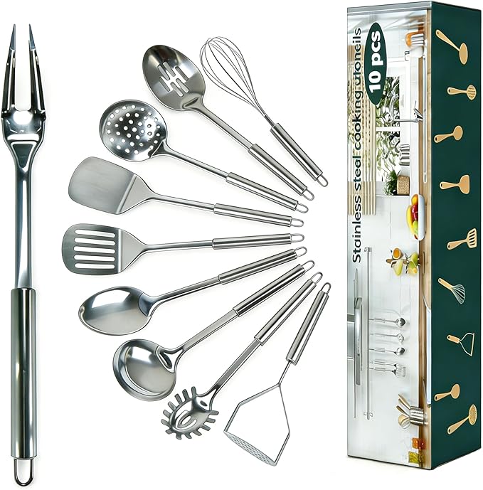 10 Pcs Cooking Utensils Set, Stainless Steel Kitchen Utensils, Heat Resistant Metal Kitchen Tools Include Solid & Slotted Spatula, Spoon, Ladle, Pasta Server,Potato Maseher,Egg Whisk,Meat Fork, Silver