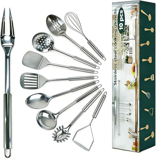 10 Pcs Cooking Utensils Set, Stainless Steel Kitchen Utensils, Heat Resistant Metal Kitchen Tools Include Solid & Slotted Spatula, Spoon, Ladle, Pasta Server,Potato Maseher,Egg Whisk,Meat Fork, Silver