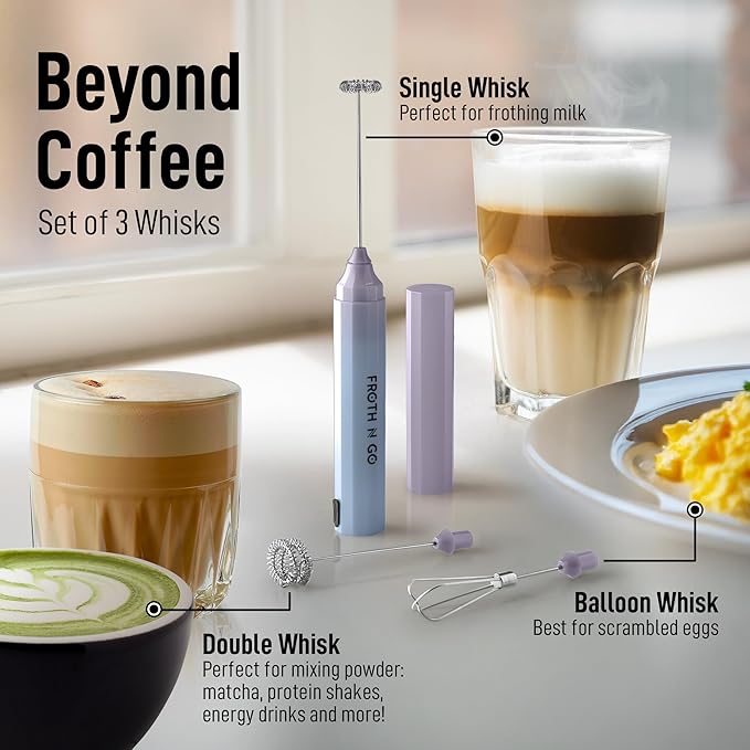 Zulay Froth N Go Milk Frother ??Rechargeable 3-in-1 Handheld Frother Wand with Travel Case & USB-C Charger ??Single, Double & Egg Whisk for Latte, Cappuccino, Matcha, Protein Shakes ??Cloud
