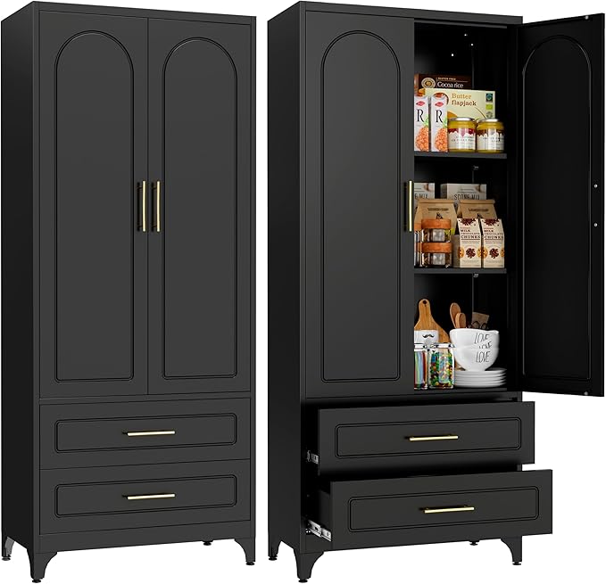 Metal Kitchen Pantry Storage Cabinet with 2 Drawers竊?5Inch Black Food Pantry Cabinets for Kitchen with 2 Adjustable Shelves竊똖all Storage Cupboard for Living Room, Dining Room Office