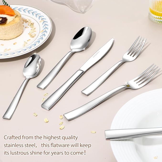 Lazycorner Silverware Set for 8, 18/10 Stainless Steel Flatware Set, 40-Piece Mirror Polished Modern Cutlery Set include Fork Knife Spoon Set(Dishwasher Safe)