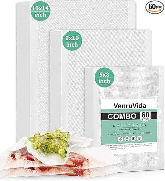 VanruVida Vacuum Sealer Bags for Food,5??x 8??6??x 10??10??x 14??60 Count,Commercial Grade Textured Pre-Cut Seal Bags,BPA Free Food Storage Bags for Freezer, Meal Prep, or Sous Vide