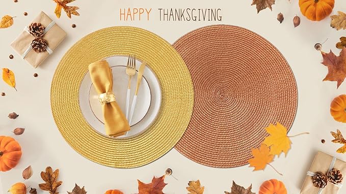 FunWheat Round Braided Placemats Set of 8 Table Mats for Dining Tables Woven Washable Non-Slip Place mats 15 inch(Pumpkin Yellow,8pcs)