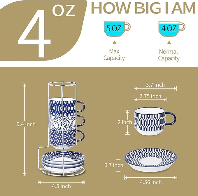 Selamica Ceramic Espresso Cups with Saucers and Metal Stand, 4 OZ Stackable Cappuccino Cups, Demitasse Cups for Latte Coffee Caf챕 Mocha Tea, Set of 4, Vintage Blue