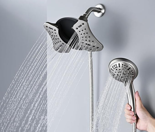 GRICH High Pressure Shower Head, Shower Heads with 9 Modes Handheld Spray Combo, 2 in 1 Rain Shower Head with Handheld Spray with 60" Hose, Adjustable Dual Showerhead with Anti-Clog Nozzles, Nickel
