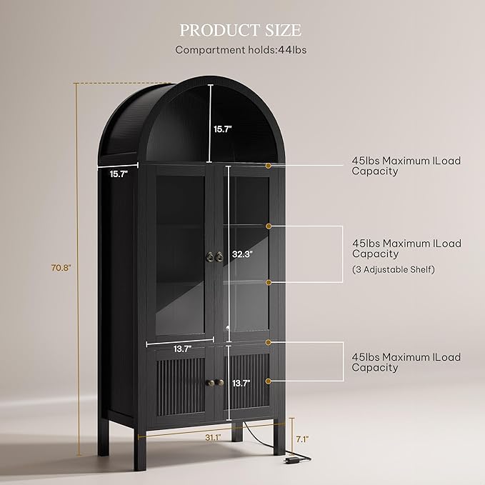 DWVO 71" Tall Arched Cabinet Kitchen Pantry with LED Light/Wood Kitchen Storage Cabinets with Tempered Glass Doors and Adjustable Shelves/Bookcase Cabinet with Storage for Dining Room-Black