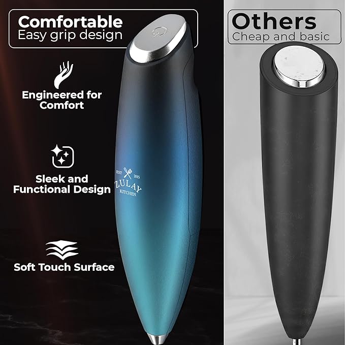 Zulay Kitchen Patented Tornado Triple Whisk Milk Frother with 4 Duracell Batteries ??Handheld Foam Maker for Coffee, Lattes, Matcha & Hot Chocolate ??Rich, Creamy Froth in Seconds