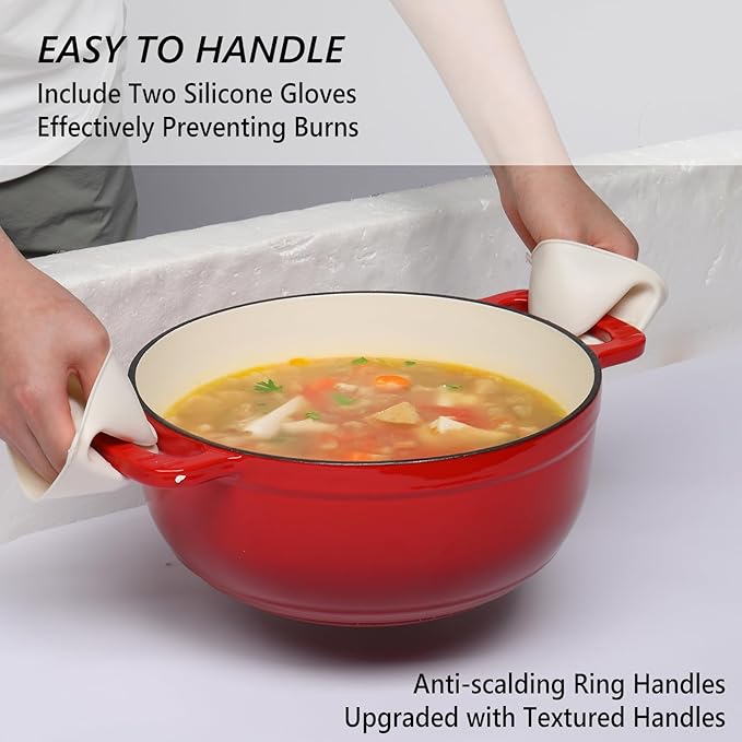 VINGLI 6QT Enameled Cast Iron Round Dutch Oven Pot with Lid, NonStick Casserole Pot with Dual Handles & Silicone GlovesRed, Oven Safe up to 500째F or on Stovetop, Dutch Oven for Bread Baking, Red
