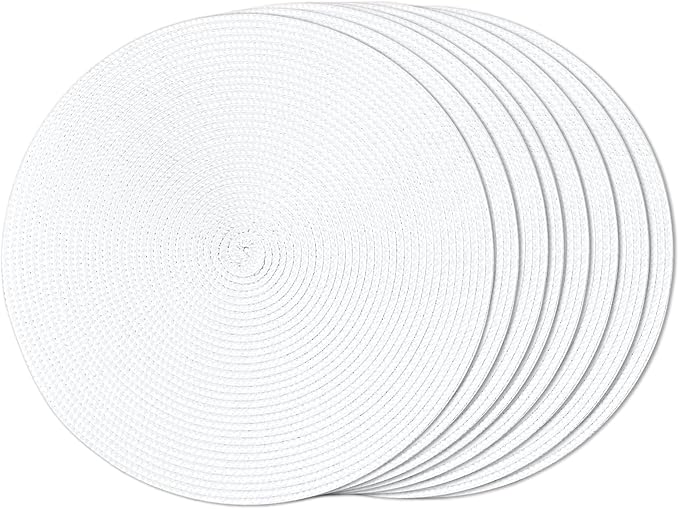 FunWheat Round Braided Placemats Set of 8 Place Mats for Dining Tables Woven Washable Non-Slip Table mats Small 13 inch(S White, 8pcs)