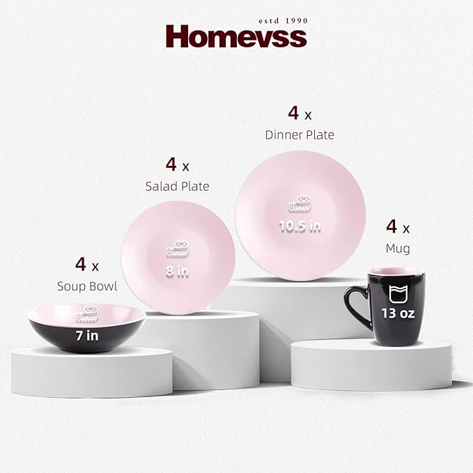 Stoneware Two-Tone Colors Life 16pc Dinner Set竊똎utside Shiny Black + Inside Matte Glaze Rose